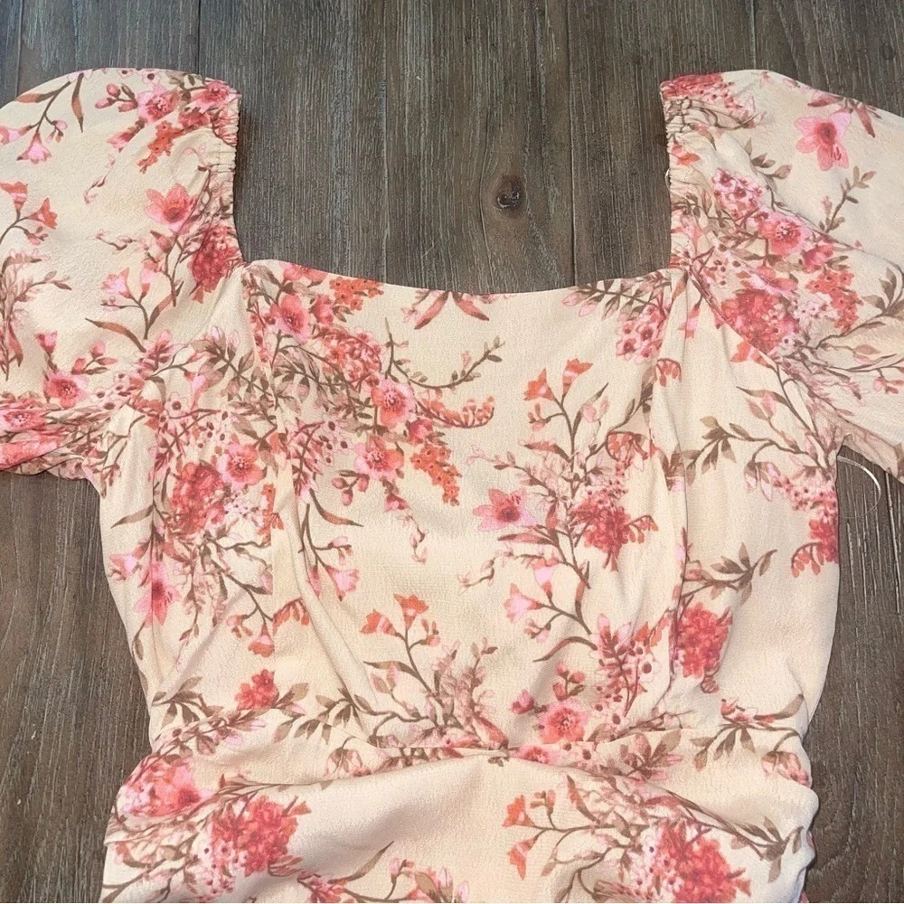 Boho Cottagecore Dress Cut Out Pink Floral  Dress Puff Sleeves L
